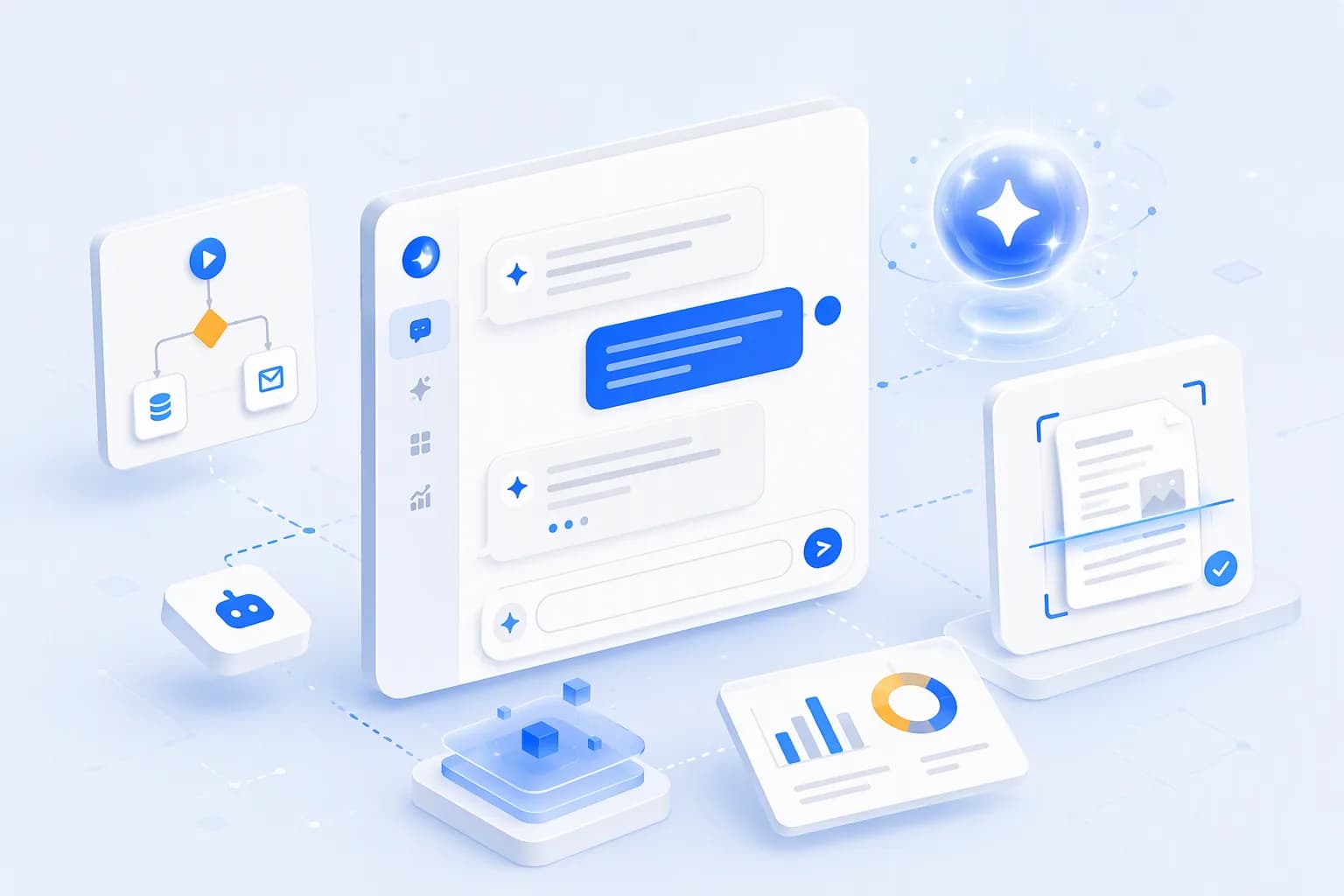 Illustration of connected business data and an AI assistant