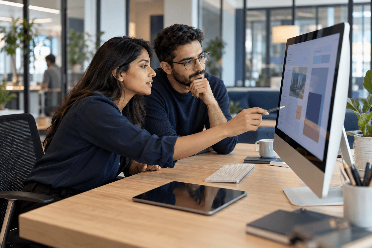 Software designers collaborating on a business application