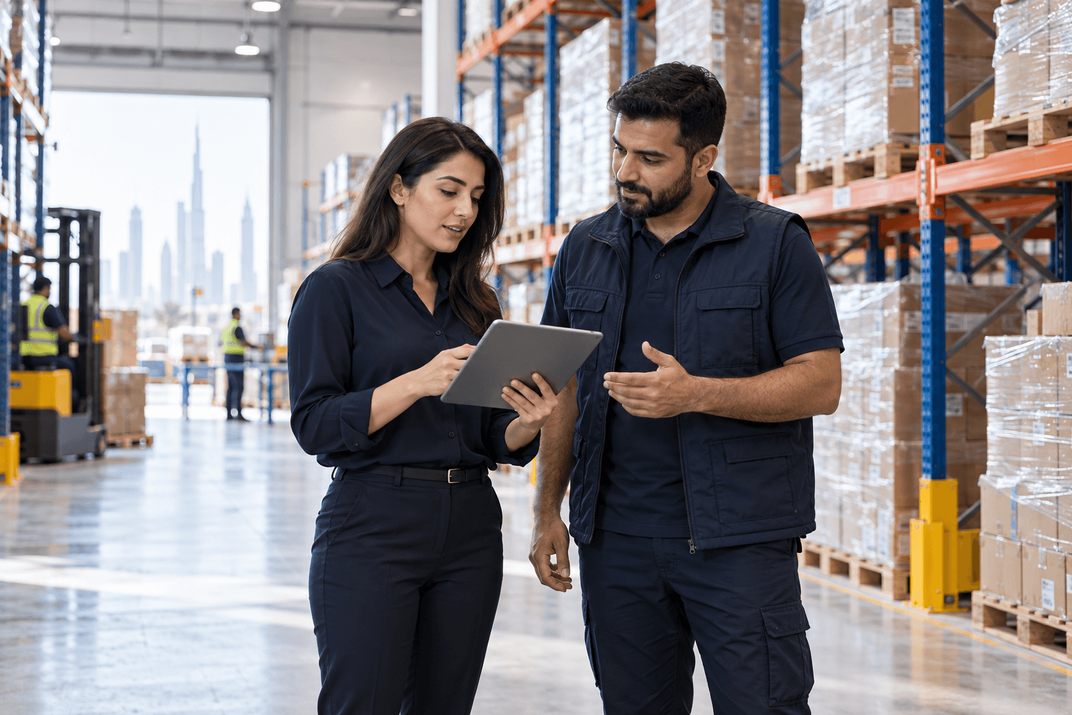 Operations professionals reviewing inventory with a tablet in a distribution centre