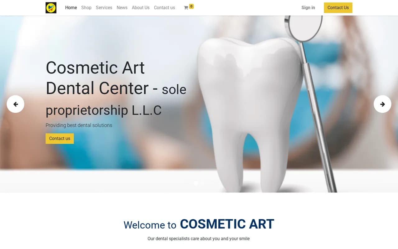 Cosmetic Art Dental Center website homepage on a desktop screen