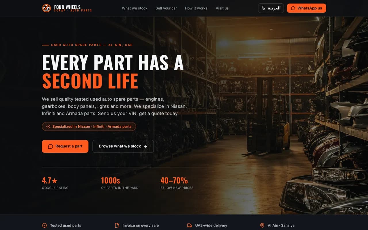 Four Wheels Scrap website homepage on a desktop screen