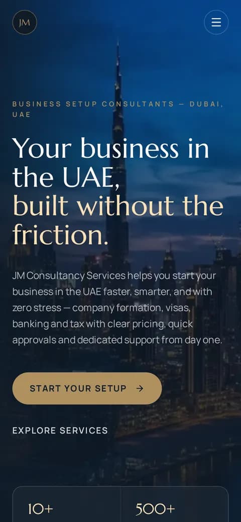 JM Consultancy Services website on a phone