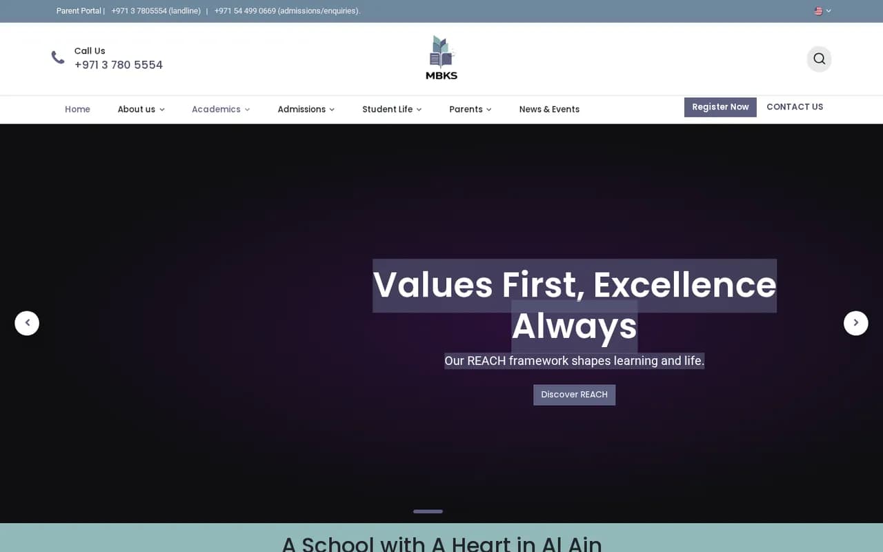 MBK School website homepage on a desktop screen